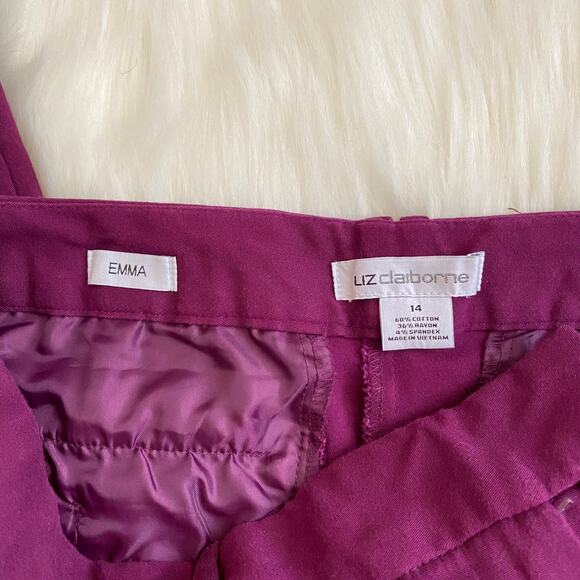 Liz Claiborne Emma Pants Size 14 Purple Plum Color Ankle Flat Front Belt Loops - Picture 5 of 7